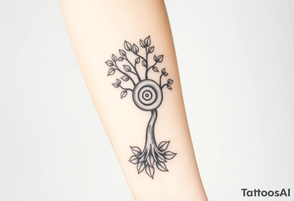 Fibonacci spiral shell on side of base of tree full of lots of leaves tattoo idea