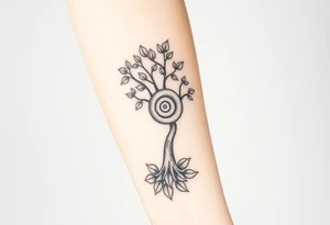 Fibonacci spiral shell on side of base of tree full of lots of leaves tattoo idea