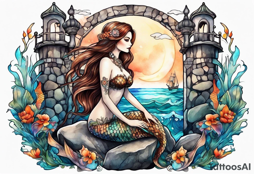 mermaid with brown hair, sitting on rock, skeleton in background of mermaid tattoo idea