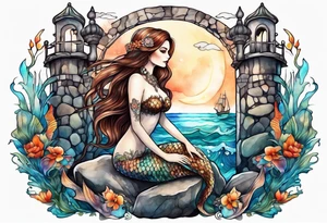 mermaid with brown hair, sitting on rock, skeleton in background of mermaid tattoo idea