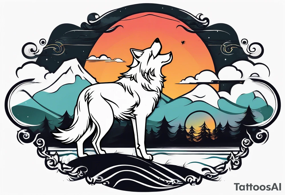 a minimalistic wolf in front of an incredible sky. tattoo idea
