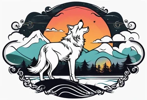a minimalistic wolf in front of an incredible sky. tattoo idea