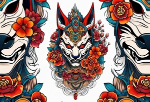 Neotraditional tattoo sleeve with a broke in half oni mask with flowers and kitsune coming out of it tattoo idea