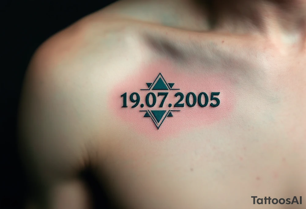 Geometric date 19.07.2005 in dark teal ink, with triangles and lines subtly framing the digits. tattoo idea