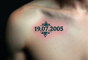 Geometric date 19.07.2005 in dark teal ink, with triangles and lines subtly framing the digits. tattoo idea