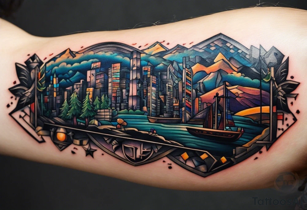 I want to generate a tattoo for my forearm where the elements will be part of my story of life the base of the tattoo its a computer chip because my profession and passion is related to computer, I also like sports in general such as soccer, snowboard, surf, motorbike, cars part of my story it was moving from brazil to Australia and I am really grateful for my life now because I started from the bottom and really value my family and values, I also want a fine line style and minimalistic tattoo idea