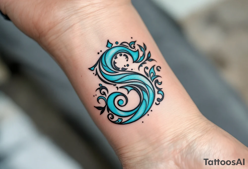 A turquoise "S" surrounded by tribal patterns in bold black lines. tattoo idea
