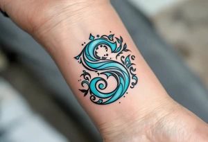 A turquoise "S" surrounded by tribal patterns in bold black lines. tattoo idea