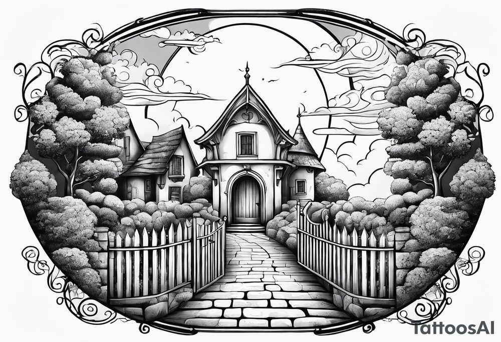 sky medieval town garden small houses gate entrance 
 in rounded vignette surrounded by clouds tattoo idea