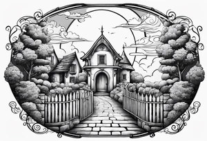 sky medieval town garden small houses gate entrance 
 in rounded vignette surrounded by clouds tattoo idea