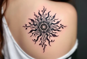 Wrapped in burgundy vines, the black Celtic sun at the center pulses with mystic charm. tattoo idea