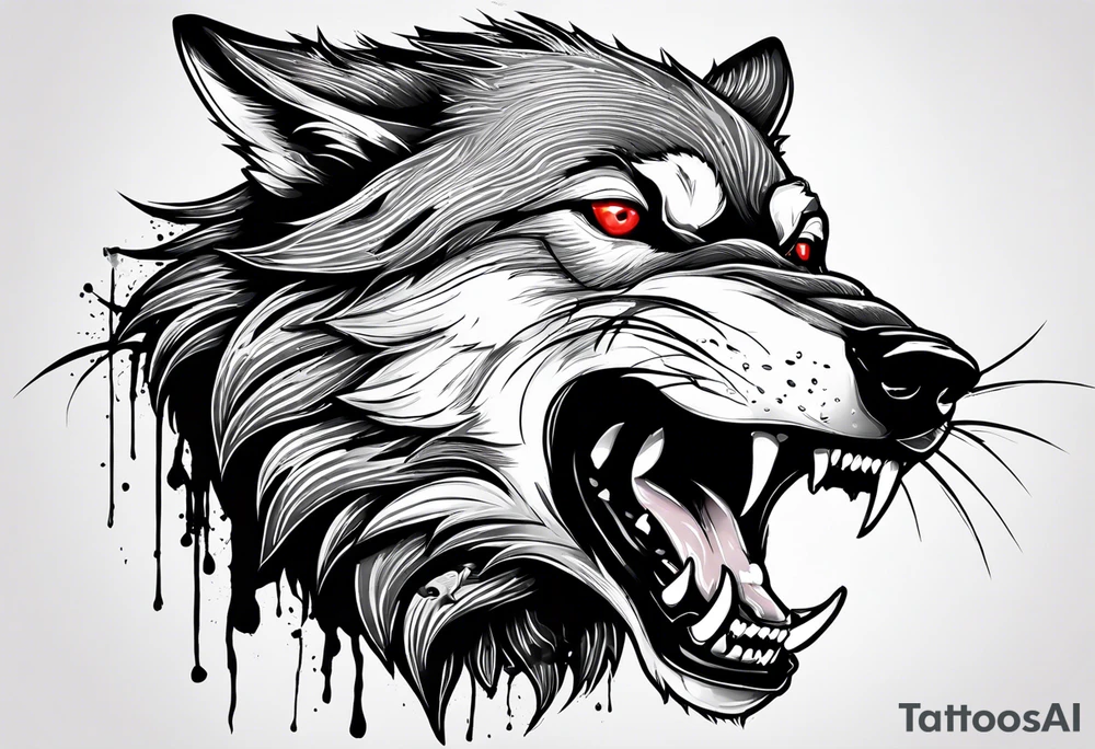 Create aggressive WOLF, with some blood coming out of his mouth and saliva. BLOOD IN THE BACKGROUND. Make it a drawing and use the image of reference. I am going to add. I want HIM TO BE ANGRY WITH RED EYES use VICIOUS WOLF THATS ANGRY tattoo idea