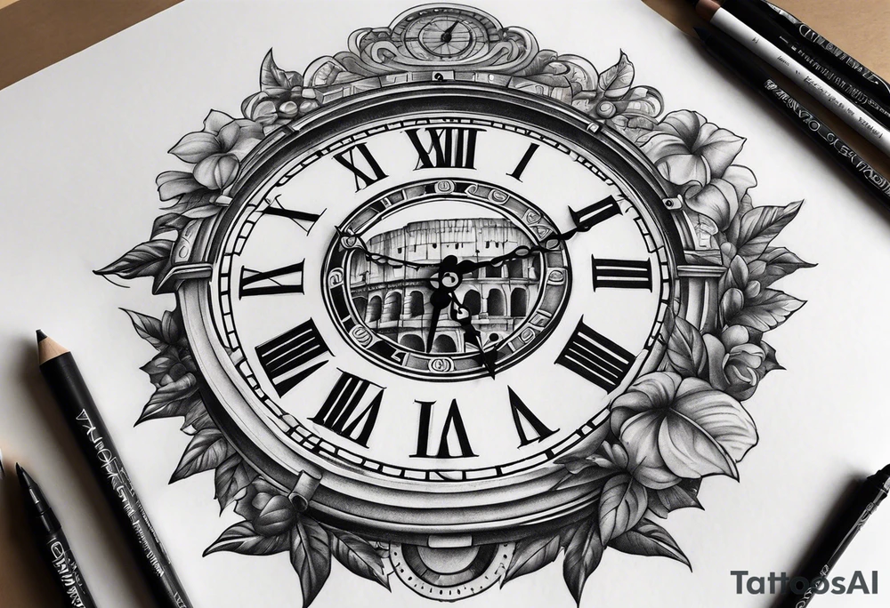 Roman clock above
 colosseum tattoo idea