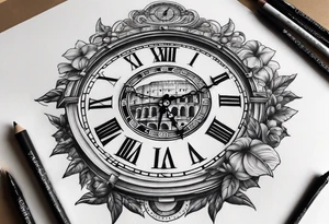 Roman clock above
 colosseum tattoo idea