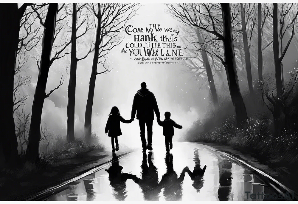the following text: Come take my hand
We walk this road together 
through the storm
Whatever weather 
cold or warm
you're not alone
we're on the same road

plus a father and son picture with a football walking on a way 

plus a baby hand hold by an adult hand tattoo idea