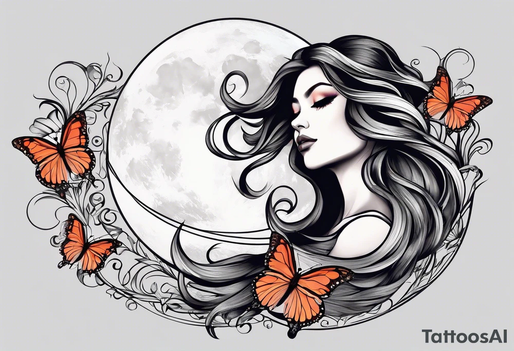Beautiful woman with butterflies in her long wavy hair sitting on a half moon, with a moon and star background tattoo idea