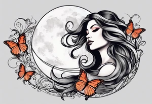 Beautiful woman with butterflies in her long wavy hair sitting on a half moon, with a moon and star background tattoo idea