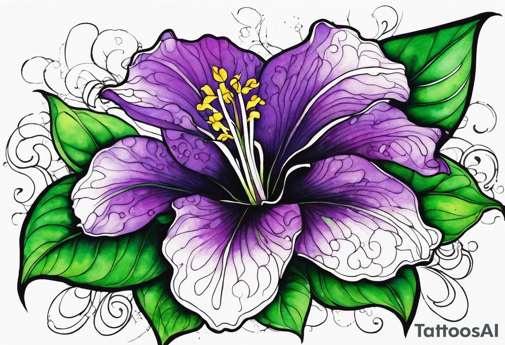 A mystical outline of a rio dipladenia flower with green/purple pedals and a green/purple watercolor splash in the background tattoo idea