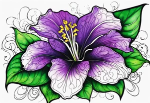 A mystical outline of a rio dipladenia flower with green/purple pedals and a green/purple watercolor splash in the background tattoo idea