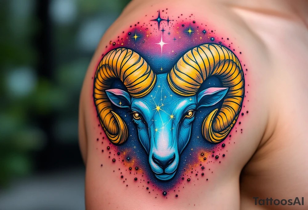 A constellation of Aries forms above a golden ram’s horn, surrounded by cosmic dust in vibrant magenta and copper. tattoo idea