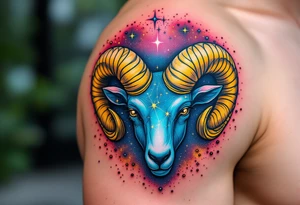 A constellation of Aries forms above a golden ram’s horn, surrounded by cosmic dust in vibrant magenta and copper. tattoo idea
