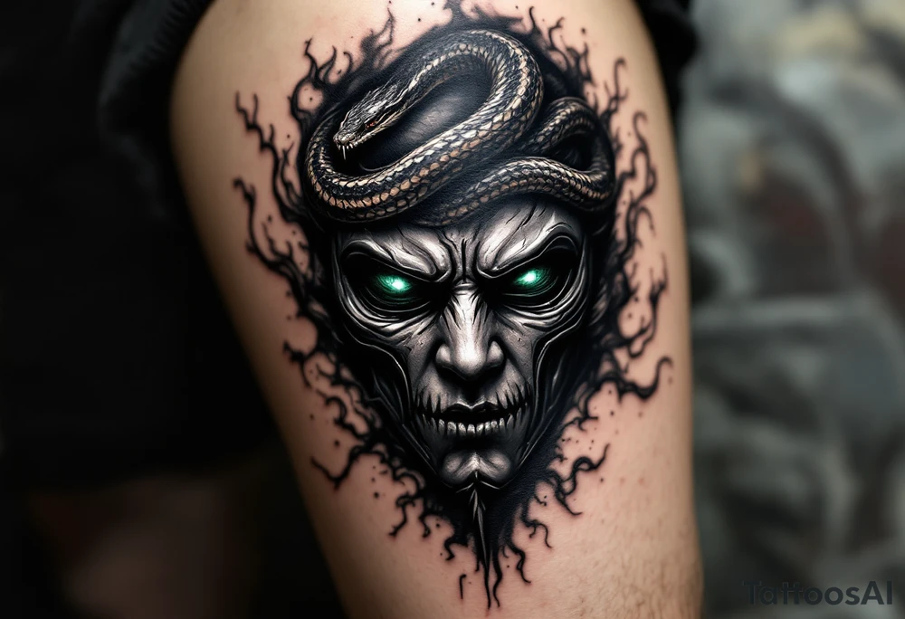 A detailed mask with a venomous snake coiled on the forehead, surrounded by swirling smoke and dark shadows. The mask’s sharp features have an eerie, haunting glow. Matte black with silver highlights for the mask, dark greys for shadows, and deep green for the snake’s eyes. tattoo idea