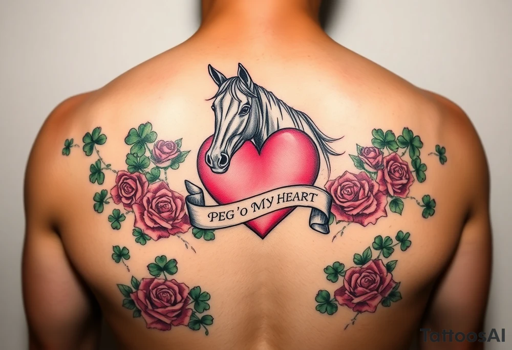 A lot of green shamrocks & red roses, a horse with a big Pink heart and a banner across the heart that says Peg 'o My Heart tattoo idea