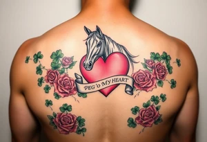 A lot of green shamrocks & red roses, a horse with a big Pink heart and a banner across the heart that says Peg 'o My Heart tattoo idea