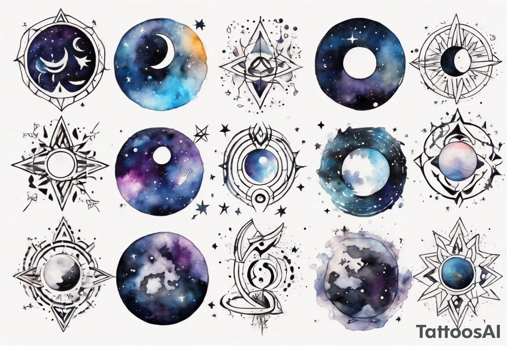 Shoulder to shoulder, moon phase,  across chest, tribal patterns, Cancer symbol, geometric swirls, mesmerizing watercolor splatter, stars, and galaxies, dreamy and otherworldly effect, solar system, astronomy tattoo idea