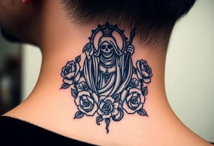 Evil Santa muerte rising out of smoke surrounded by 
 roses tattoo idea