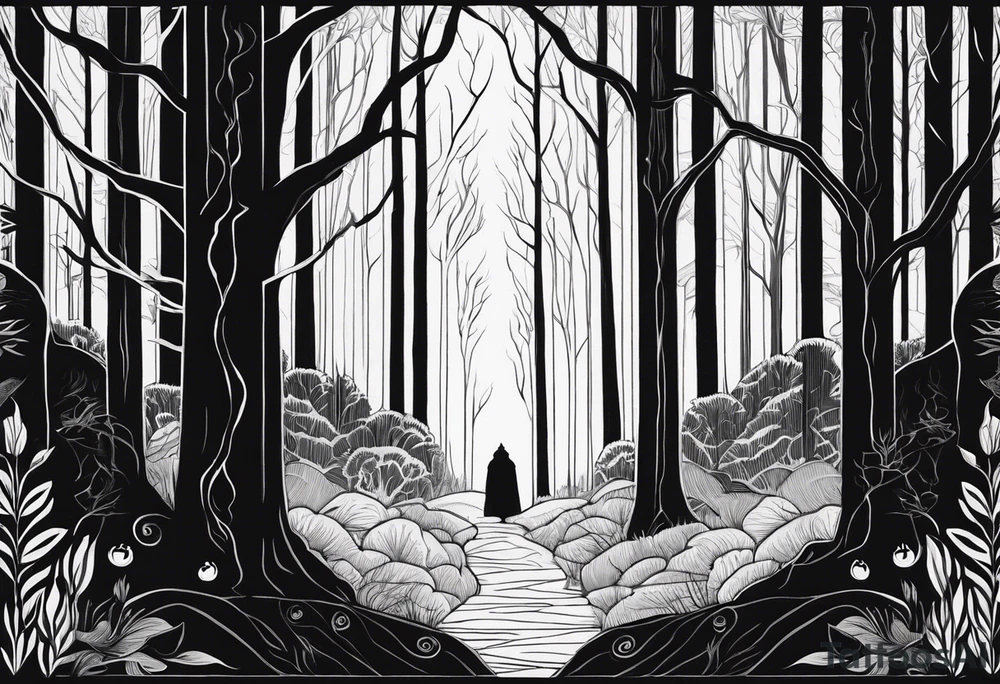 long black scary silhouettes with white eyes in a big dark forest tattoo idea