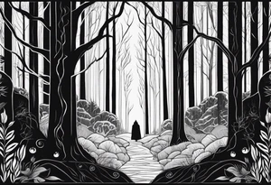 long black scary silhouettes with white eyes in a big dark forest tattoo idea