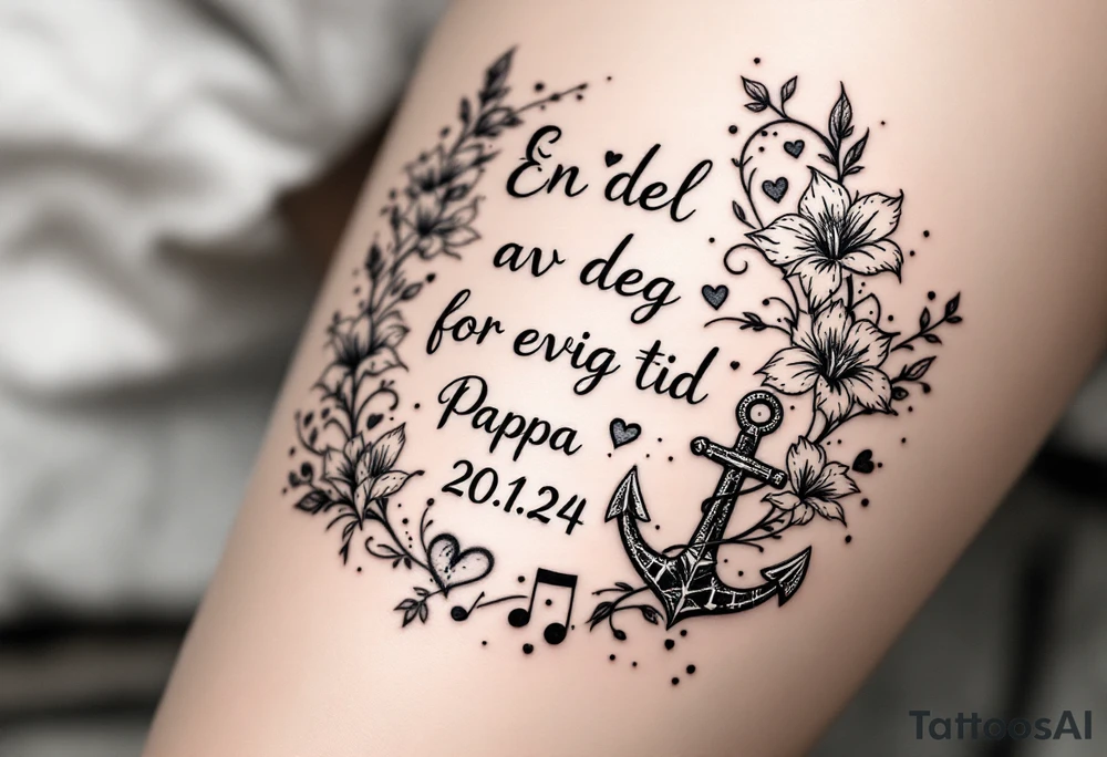 «En del av deg for evig tid
Pappa 20.12.24» Surrounded by long gladiolus, hearts, notes and an anchor tattoo idea