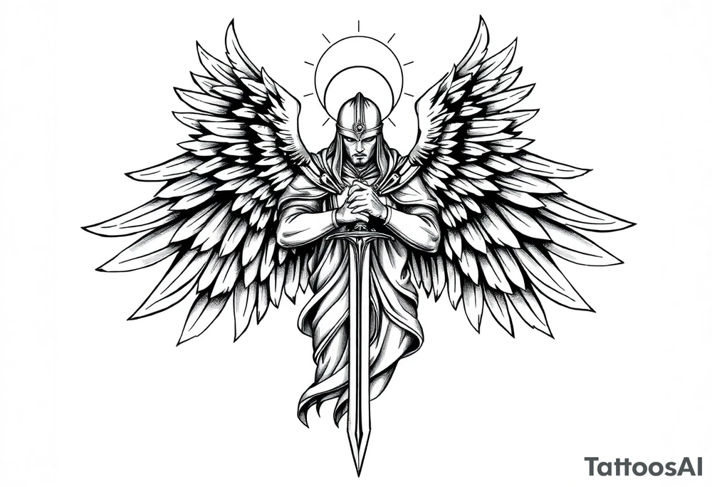 Holy Archangel, Biblical, Christianity, Guards of Christianity, Holding a sword, has six wings, wearing helmet, halo, seraphim tattoo idea