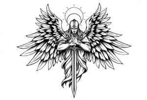 Holy Archangel, Biblical, Christianity, Guards of Christianity, Holding a sword, has six wings, wearing helmet, halo, seraphim tattoo idea