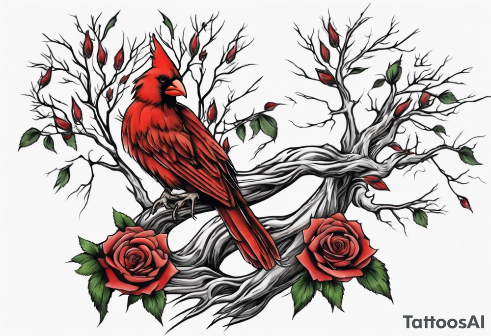A full sleeve Willow tree with a cardinal holding a rose and a eagle tattoo idea