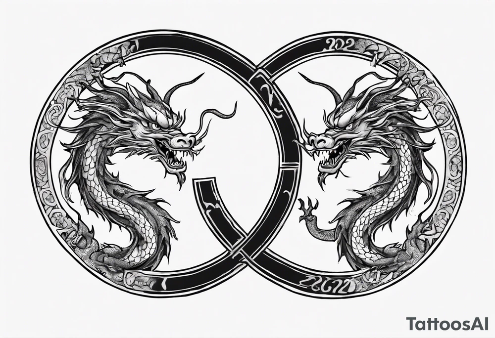 Chinese dragon in a circular shape with "02.03" written on its skin tattoo idea