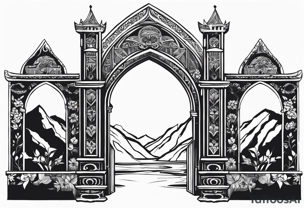 medieval tribal city gate floral land vignette tattoo idea