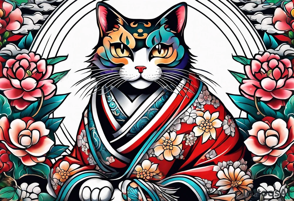 Beckoning cat with other Japanese elements tattoo idea