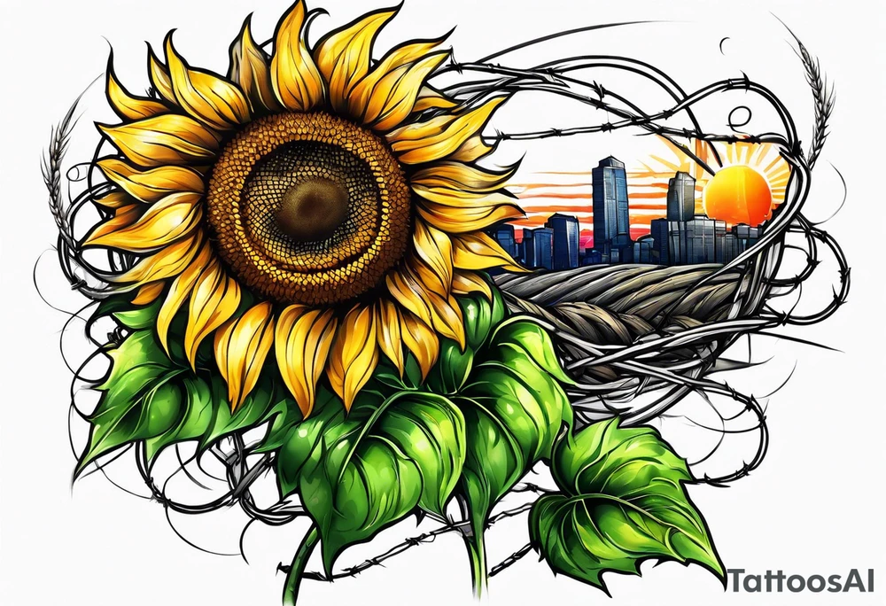 Sunflower, wheat, and barbed wire half sleeve tattoo idea
