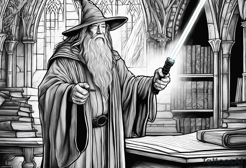 Hogwarts with Gandalf wielding a lightsaber tattoo idea