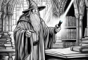 Hogwarts with Gandalf wielding a lightsaber tattoo idea