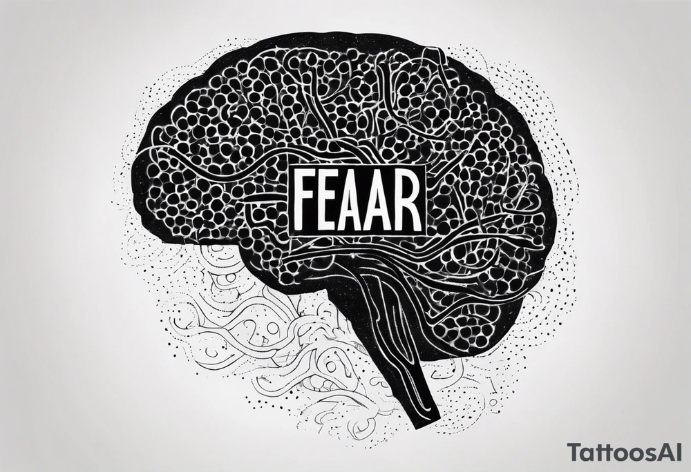 brain with wires connected to word "fear", stipple, dot work, grunge, aesthetic tattoo idea