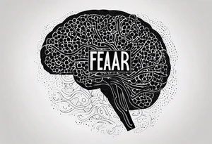 brain with wires connected to word "fear", stipple, dot work, grunge, aesthetic tattoo idea