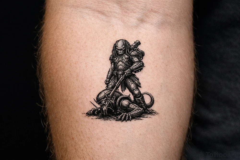 predator killing an alien, alien is crawling from the ground, predator stands tall driving his spear through the xeno's head with his right arm. predator is proud, add his laser gun on his left shoulder pointing at the alien, and his left forearm has the 2 fangs that comes out of it as standard on predator pictures tattoo idea