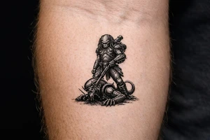 predator killing an alien, alien is crawling from the ground, predator stands tall driving his spear through the xeno's head with his right arm. predator is proud, add his laser gun on his left  shoulder pointing at the alien, and his left forearm has the 2 fangs that comes out of it as standard on predator pictures tattoo idea