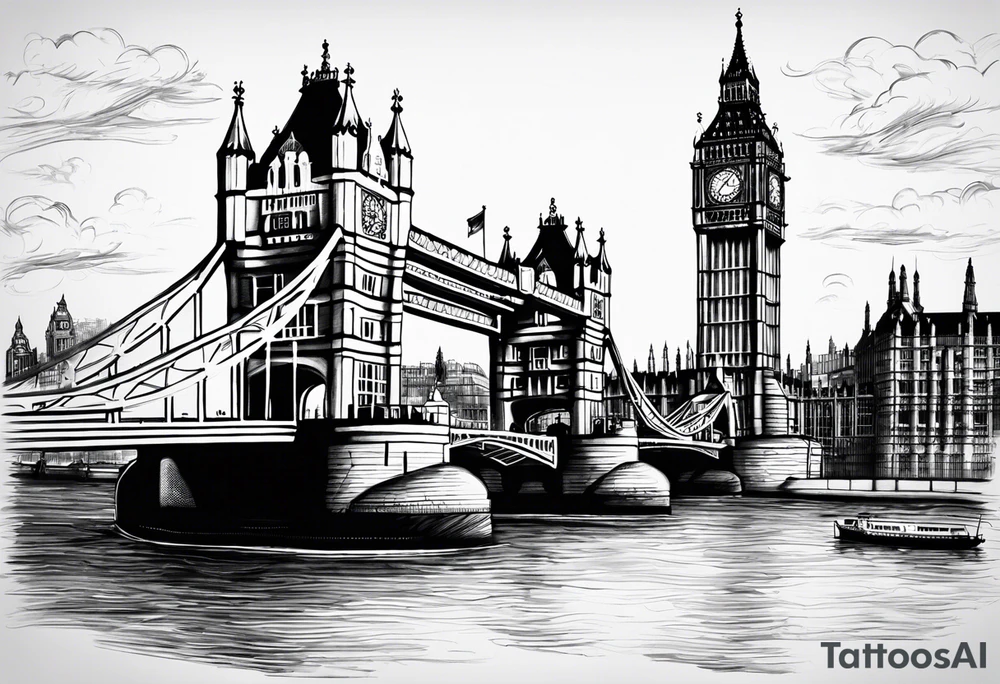 Old London with Tower Bridge and Big Ben tattoo idea