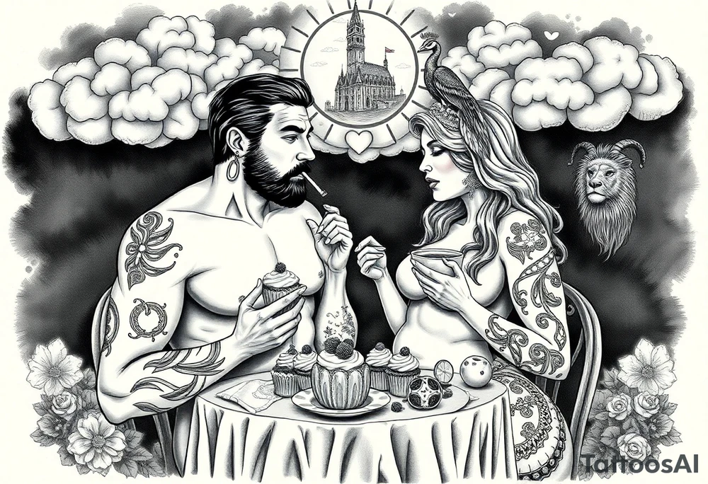 Mystical Naked Man and woman having sex eating cupcakes and  fruit  having sex clouds gothic sexy naked fat lady having a tea party with tea pot and castle 
with a pigs, peacock, noose, lion, goat, smoking cigerettes looking in the mirror thru storm clouds with razor blades and broken hearts and darkness and wrath, envy , gluttony, greed, sloth, pride kill tattoo idea