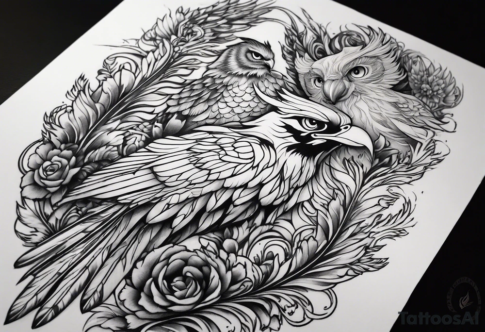 Phoenix with Raven and Tiger on left side and deer and owl on right tattoo idea