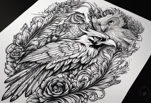 Phoenix with Raven and Tiger on left side and deer and owl on right tattoo idea